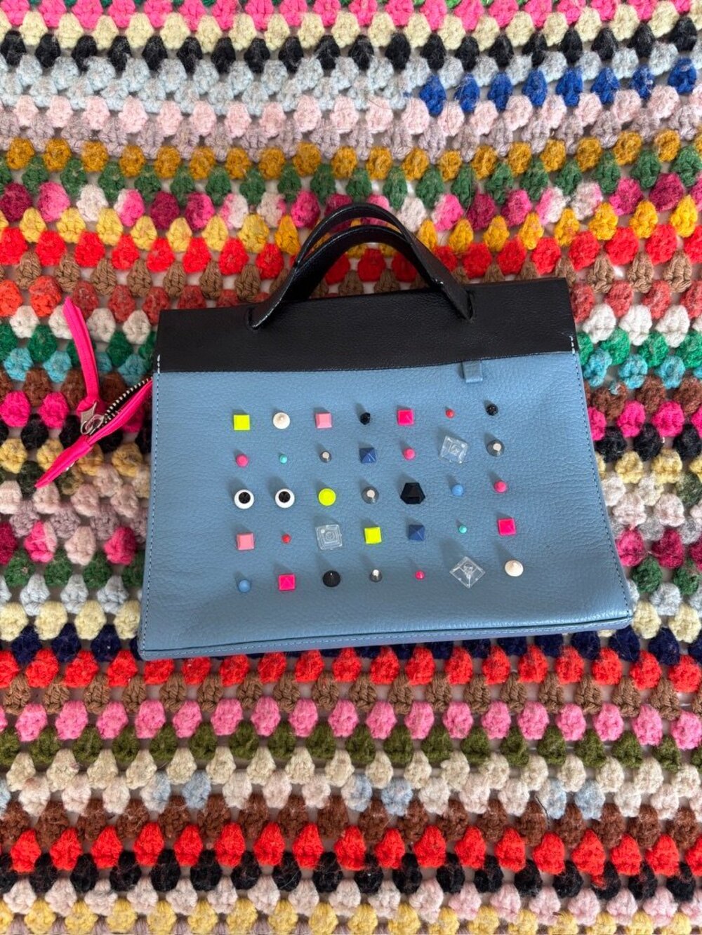 Min & Mon Vali All Over Eyes Leather Handbag Eggshell Blue Studded Clutch